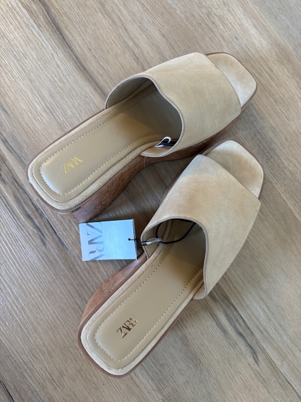 ZARA Tan Suede Platform Mule Sandals